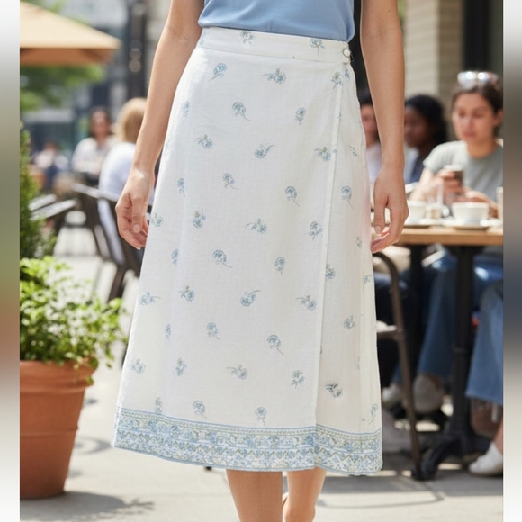 Jillian Jones Dresses & Skirts - Jillian Jones Women’s Boho White Linen Blend Floral Midi Wrap Skirt Size 6